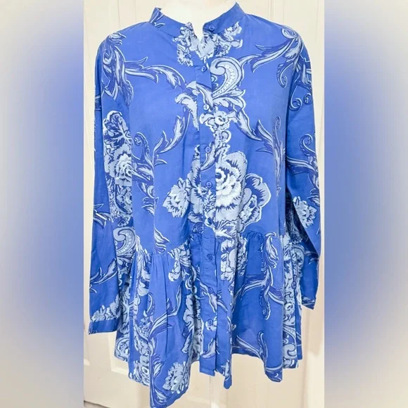 Anthropologie Ro’s Garden Blue Floral Button-Up Blouse Boho Chic Sz L Tunic Top - Picture 1 of 9